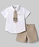 ToffyHouse Poplin Woven Half Sleeves Text Printed Shirt & Striped Shorts With Bear Patched Tie - Tan
