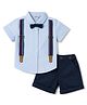 ToffyHouse Poplin Woven Half Sleeves Striped Shirt & Shorts Set With Suspender & Bow - Light & Navy Blue