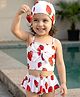 Babyhug Sleeveless Strawberry Printed Two Piece Swimsuit With Cap - Red