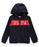 US Polo Assn Cotton Knit Full Sleeves Cut & Sew Hooded SweatJacket with Brand Name Graphic & Kangaroo Pocket - Navy Blue