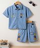 Mark & Mia Half Sleeves Silky Denim Oversized Shirt & Shorts Set With Animal Embroidery - Blue