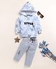 UNO KIDS Cotton Knit Full Sleeves Leaves Printed Hooded Tee & Pant Set - Sky Blue