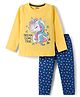 Babyhug Cotton Knit Full Sleeves Co-ord Night Suit With Unicorn Print - Yellow