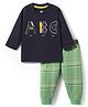 Zero Knitted Full Sleeves Stationery Printed T-Shirt & Checks Joggers Pant Set - Navy Blue & Green