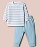 Zero Knitted Full Sleeves Striped T-Shirt With Solid Colour Joggers Pant Set - Light Blue & White