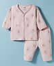 Zero Knit Full Sleeves T-Shirt & Pyjama Co-ord Night Suit With Teddy Bear Print - Peach
