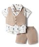 Child World Textile Woven Half Sleeves 3 Piece Party Suit With Bow & Space Theme Print - Tan