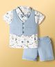 Child World Textile Woven Half Sleeves 3 Piece Party Suit With Bow & Space Theme Print - Tan
