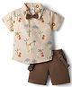 Child World Textile Woven Half Sleeves Animal Printed Shirt & Shorts Set with Bow & Suspender - Tan