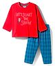 Zero Knitted Full Sleeves Text Printed T-Shirt & Checks Joggers  Set - Red & Blue
