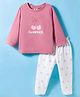 Zero Knitted Full Sleeves Cherry Printed Top & Bow Printed Joggers Pant Set - Pink & White