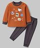 Zero Knitted Full Sleeves Animal Printed T-Shirt & Jogger Pant Set- Rust Orange & Charcoal Grey
