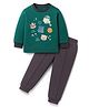 Zero Knitted Full Sleeves Animal Printed T-Shirt & Jogger Pant Set- Dark Green & Charcoal Grey