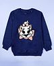 Kiddopanti Fleece Knit Full Raglan Sleeves Sequins & Stone Embellished Cat Patch Detailed Light Winter Sweatshirt - Navy Blue