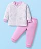 Zero Knitted Full Sleeves Front Open Animal Printed T-Shirt & Solid Jogger Pant Set -Pink