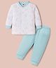 Zero Knitted Full Sleeves Front Open Animal Printed T-Shirt & Solid Jogger Pant Set - Aqua