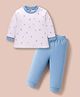 Zero Knitted Full Sleeves Floral Printed T-Shirt & Solid Colour Jogger Pant Set - Aqua Blue & White