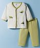 Zero Knitted Construction Vehicles Embroidered Front Open Striped T-Shirt & Solid Lounge Pant Set - Light Green