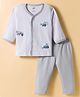 Zero Knitted Construction Vehicles Embroidered Front Open Striped T-Shirt & Solid Lounge Pant Set - Silver