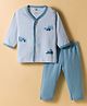 Zero Knitted Construction Vehicles Embroidered Front Open Striped T-Shirt & Solid Lounge Pant Set - Aqua Blue