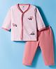 Zero Knitted Construction Vehicles Embroidered Front Open Striped T-Shirt & Solid Lounge Pant Set - Dark Peach