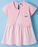 Teddy Sinker Knit Half Sleeves Striped Frock With Kitty Print - Baby Pink