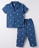 Teddy Sinker Knit Half Sleeves Front Open Nautical Theme Printed Shirt & Pyjama Co-Ord Night Suit - Navy Blue