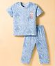 Teddy Sinker Knit Half Sleeves T-Shirt & Pajama Co-ords Night Suit With Bear Print - Blue