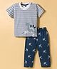 Teddy Sinker Knit Half Sleeves T-Shirt & Pajama Night Suit With Dino Embriodery - Blue