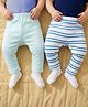 Babyoye 100% Cotton Knit Full Length Solid & Striped Diaper Leggings Pack of 2 - White & Sea Green