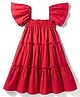 Primo Gino 100% Cotton Woven Half Sleeves Solid Ruffled Dress - Red