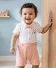 Babyoye 100% Cotton Interlock Knit Half Sleeves Romper With Panda Print & Bow Applique - Peach