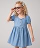 Primo Gino 100% Cotton Woven Half Puffed Sleeves Washed Denim Dress - Blue