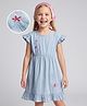 Primo Gino 100% Cotton Woven Frill Sleeves Light Wight Denim Frock with Floral Embroidery - Light Blue