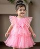 Babyhug Mesh Woven Frill Sleeves Party Dress With Heart Print & Bow Applique - Peach