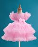 Babyhug Mesh Woven Half Frill Sleeves Layered Ruffle Party Dress with with Yoke Pleating & Sequined Bow Detailing - Dark Pink