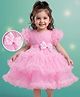 Babyhug Mesh Woven Half Frill Sleeves Layered Ruffle Party Dress with with Yoke Pleating & Sequined Bow Detailing - Dark Pink