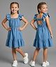 Primo Gino 100% Cotton Woven Frill Sleeves Denim Tiered  Dress With Shirring At Waist - Blue