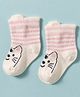 Mustang Knit Ankle Length Socks with Kitty Design & Stripes - Pink & Off White