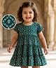EARTHY TOUCH Cotton Knit Half Puffed Sleeves Ethnic Dress with Floral Glitter Print - Green