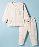 Zero Knitted Full Sleeves Front Open Teddy Bear Printed T-Shirt & Joggers Pant Set -Cream