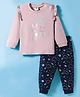 Zero Knitted Full Sleeves Rabbit Printed Top & Joggers Pant Set - Rose Gold & Navy Blue