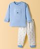 Zero Knitted Full Sleeves Teddy Bear Patch Top & Joggers Pant Set - Light Blue & Offwhite