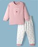 Zero Knitted Full Sleeves Teddy Bear Patch Top & Joggers Pant Set  - Pink & Offwhite