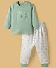 Zero Knitted Full Sleeves Teddy Bear Patch Top & Joggers Pant Set  - Light Green & Offwhite