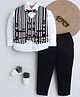 Ministitch Cotton Woven Full Sleeves Striped & Geometric Printed 3 Piece Party Suit Set With Bow - Black