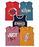 OHMS Cotton Knit Sleeveless Tank T-Shirt With Beach Theme & Text Print Pack Of 5 - Multicolor