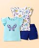 Doodle Poodle 100% Cotton Knit Half Sleeves Butterfly Printed Pack Of 2 Tops & Shorts Set - Turquoise White & Navy Blue