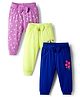 Doodle Poodle 100% Cotton Knit Full Length Floral & Butterfly Printed Lounge Pants With Bow Applique Pack of 3 - Light Green Violet & Navy Blue