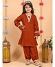 Superminis Velvet Woven Full Sleeves Lace Embellished Kurti & Pants Set - Orange